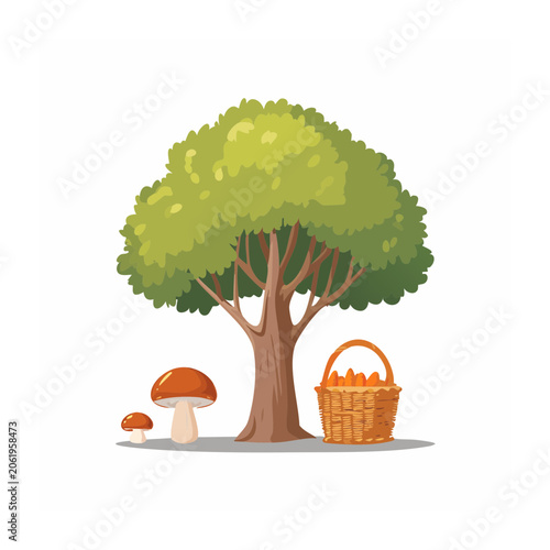 Cartoon tree with mushrooms on forest floor