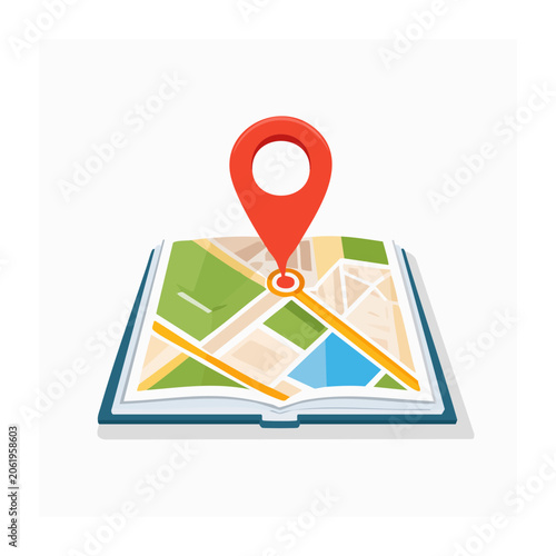 Flat design magnifying glass over map with pin