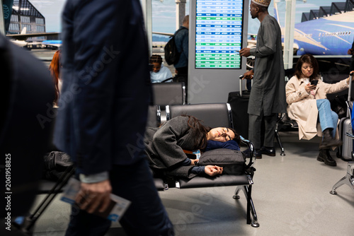 Foto Sleeping, jet lag and woman on airport bench waiting for flight, passing time, taking nap, chairs and bored girl in departure hub waiting for plane taking her to travel destination