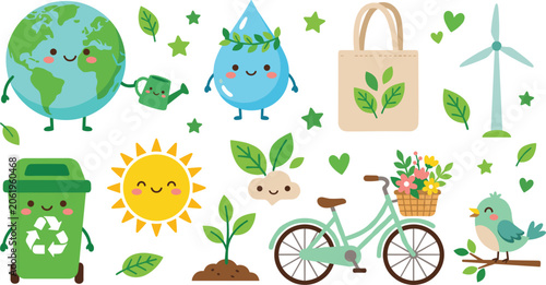 Cute Eco Friendly Green Lifestyle Vector Set with Cartoon Earth Globe, Recycle Bin, Tote Bag, Bicycle, and Renewable Energy Icons
