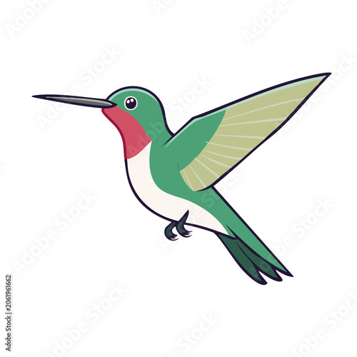 Green and red hummingbird in flight, flat design illustration