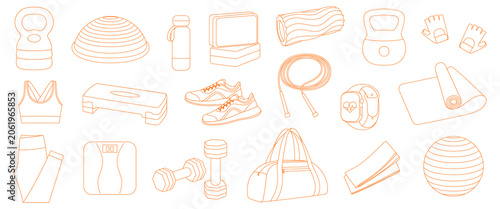 Orange fitness equipment line icons featuring kettlebells, dumbbells, jump rope, yoga mat, fitness ball, BOSU trainer, foam roller, gym bag and workout accessories for sport and wellness projects.