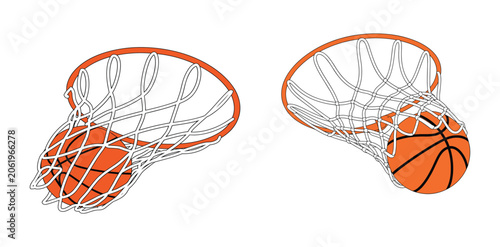 Tableau sur toile Basketball Hoop Netting: A pair of basketballs are captured as they descend into net netting, one perfectly framed and the other partially obscured, signifying scoring and game play