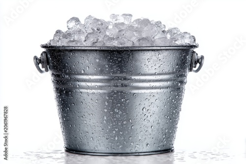 Metallic steel bucket filled with clear ice cubes isolated on white background container beverage