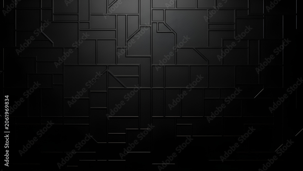 Fototapeta premium Dark gray metallic surface with geometric shapes and lines forming a complex pattern