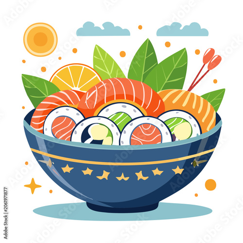 Colorful sushi bowl illustration with fresh ingredients