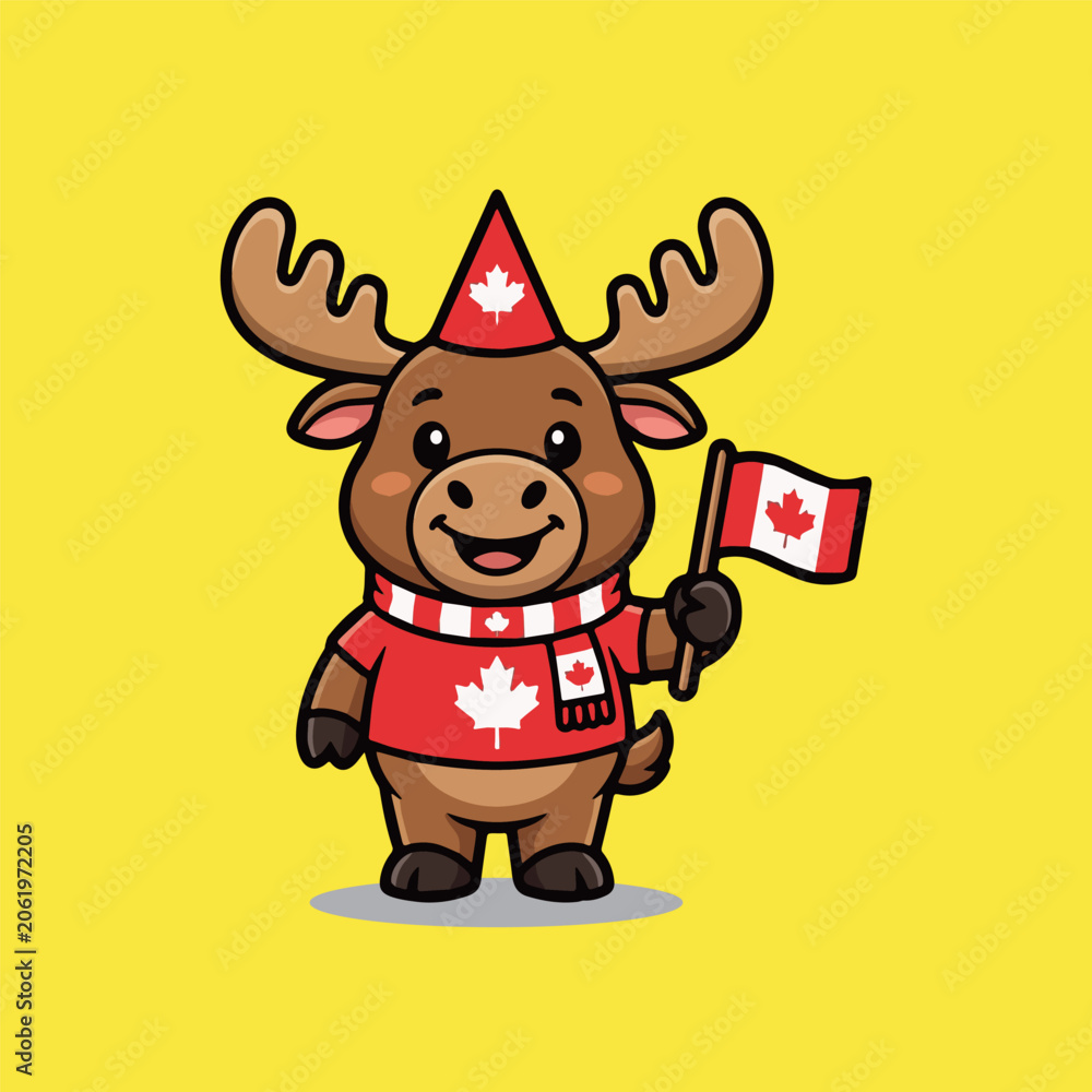 Obraz premium Cute Canadian Moose Mascot Wearing Patriotic Apparel Holding a Small Maple Leaf National Flag