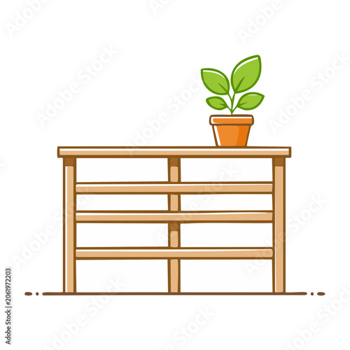 Potted Plant on Wooden Shelf Flat Illustration
