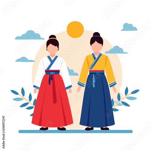 Two Women in Traditional Hanbok Dress Illustration