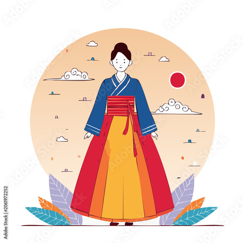 Woman in Traditional Asian Dress Flat Illustration