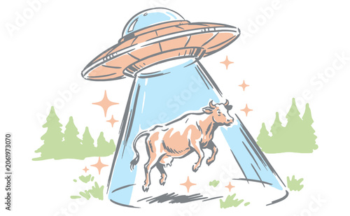 Canvas Print UFO abducting cow illustration