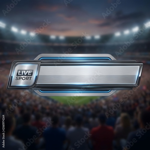 Modern metallic lower third graphic template with copy space on a blurred sports stadium background for television broadcast
