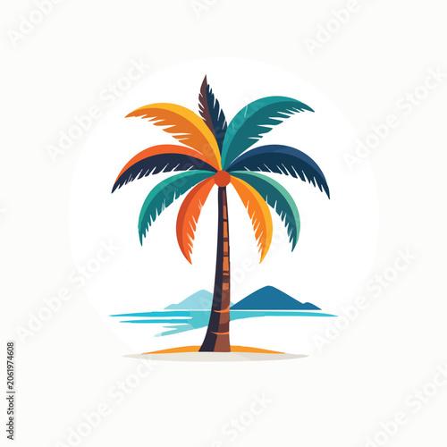Stylized Colorful Tropical Palm Tree Illustration with Beach Background.