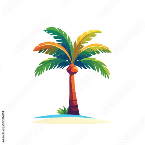 Vibrant cartoon style palm tree illustration isolated on white background.