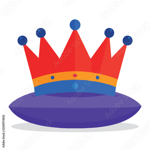 A colorful royal crown resting on a purple velvet cushion.