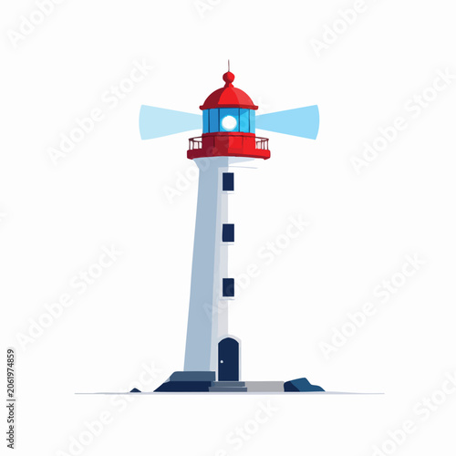 Flat vector illustration of a tall lighthouse with a red roof.