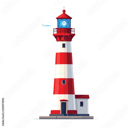 Red and white striped lighthouse illustration on white background.
