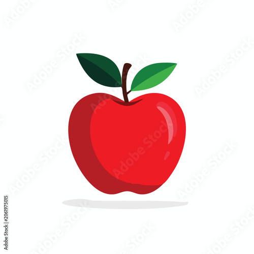 A vibrant red apple illustration with green leaves isolated on a white background.