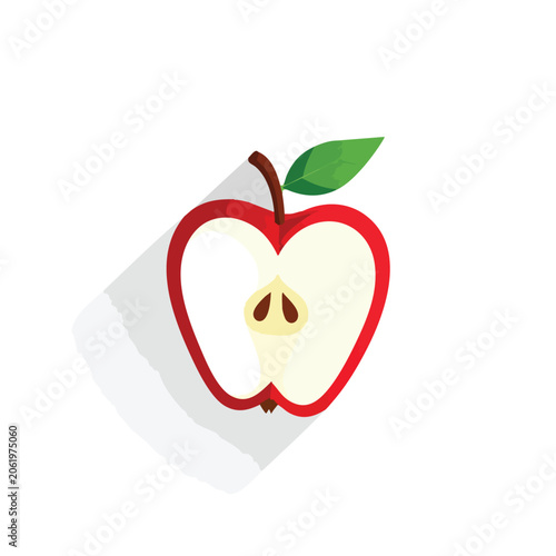 Flat vector illustration of a red apple half with a green leaf.