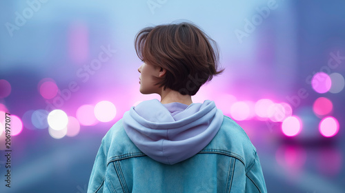 Back view of a young woman with short brown hair wearing a denim jacket and purple hoodie looking at a blurry city street filled with pink neon bokeh lights
