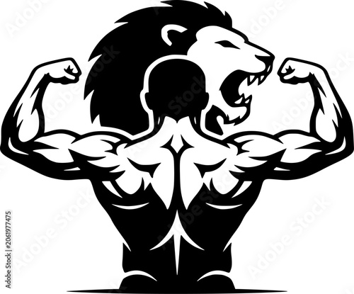 Bodybuilding Back Double Biceps Silhouette: Gym Motivation Lion Power Vector, Muscle Fitness Icon