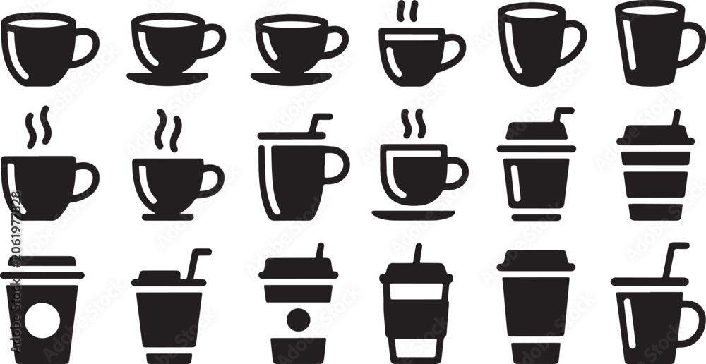 Obraz premium Set of black coffee cup and drink mug icons for cafe menu or restaurant design isolated on transparent background, Vector