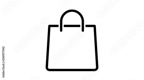 Minimalist black outline vector icon of a paper shopping bag featuring clean lines and a simple flat graphic design style