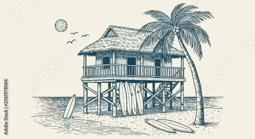 Tableau sur toile Beach house on stilts with palm tree, surfboards, tropical vacation background
