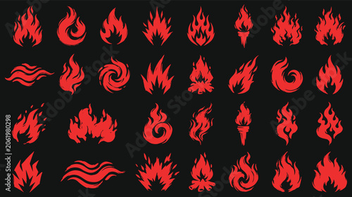 Obraz na plátně Set of red flame and fire symbols featuring various shapes and styles isolated o