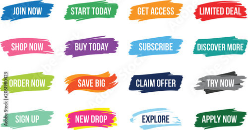 Collection of colorful brush stroke buttons with marketing text for website ui and call to action banners isolated on a white background