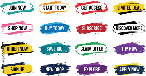 Fényképezés Set of colorful paint brush stroke buttons with marketing text and decorative in