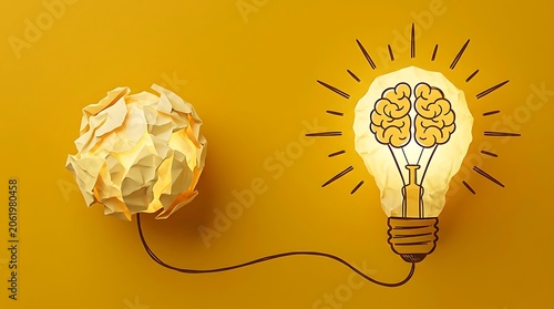 Concept of a brilliant idea emerging from a crumpled paper ball and a light bulb containing a stylized human brain on a yellow background