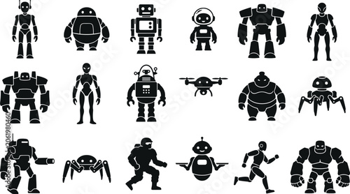 Collection of black and white robot featuring various humanoid and mechanical android drones, and futuristic machines for technology and science concepts
