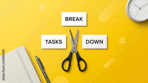 Scissors cutting a white paper with text 'BREAK TASKS DOWN' signifying task management, efficiency, and breaking down work into manageable steps on a bright yellow background.