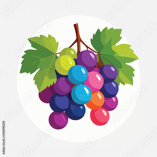 Colorful cartoon illustration of a bunch of grapes with green leaves.