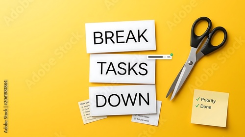 Breaking down complex tasks into smaller, manageable steps using scissors and sticky notes to represent progress and completion.