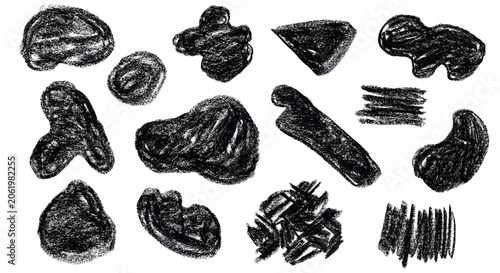 Abstract hand drawing bright black crayon oil pastel textured squiggle blobs set. Creative watercolor pencils scribble round shapes for sunny banner design, texture frame background