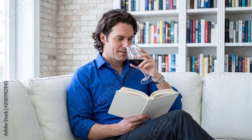 Man Reading Book and Drinking Red Wine Relaxing on Sofa