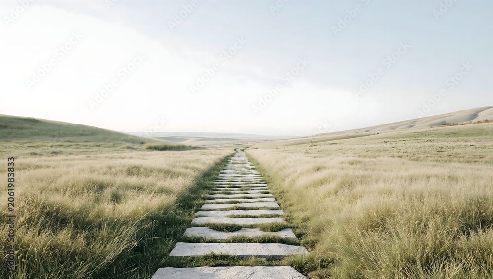 Fototapeta premium Stone footpath through green meadow with soft studio lighting