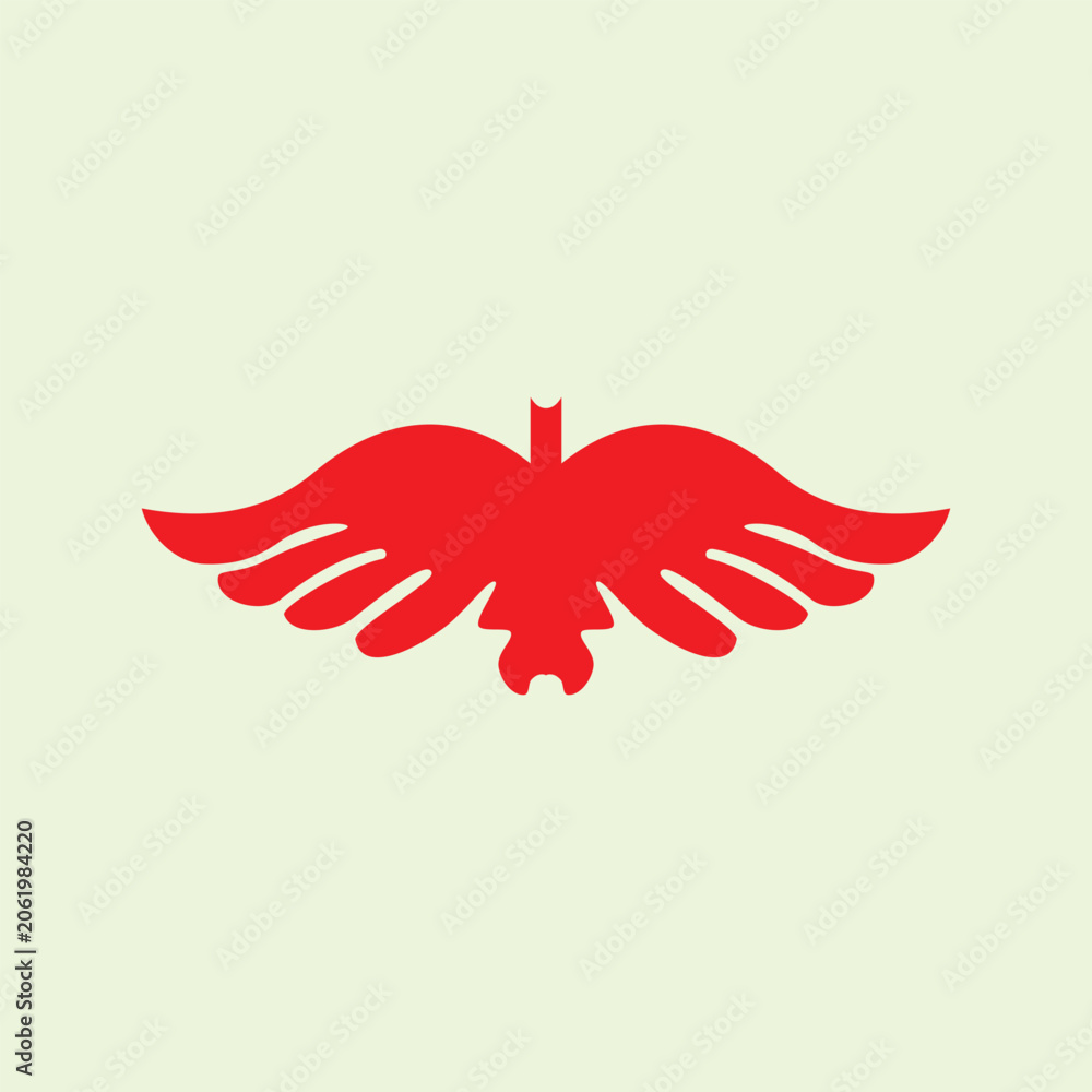 Fototapeta premium Simple graphic icon of spreading red bird or angel wings. Minimalist symetrical element for company logo design, heraldry crest emblem, aviation sign, military badge, freedom and speed concept.