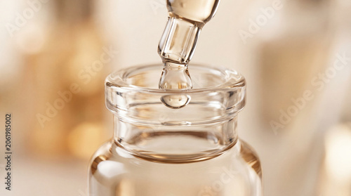 Close up clear glass vial with pipette in bright light