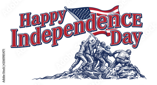 Bild auf Leinwand Independence day illustration with soldiers raising flag patriotic red white and