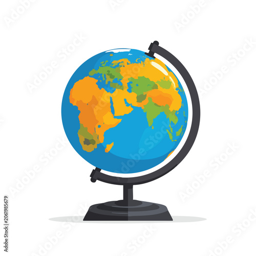 A colorful educational globe of the world on a black stand.