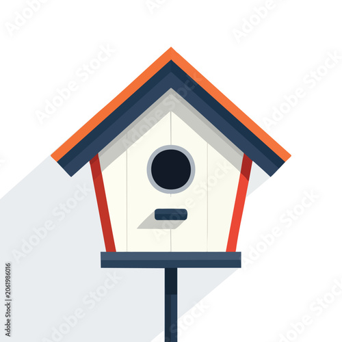 Minimalist flat vector illustration of a colorful wooden birdhouse.