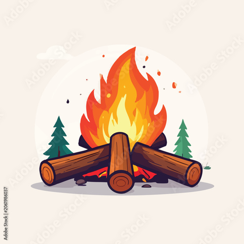 Cartoon Illustration of a Glowing Campfire with Wooden Logs.