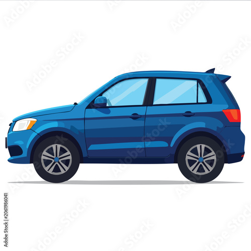 Blue modern compact hatchback car side view illustration.