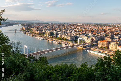 A panoramic view of Budapest from Gellért Hill, overlooking the Danube River and the Elizabeth Bridge. The Elizabeth Bridge is an elegant white suspension bridge. Hungary