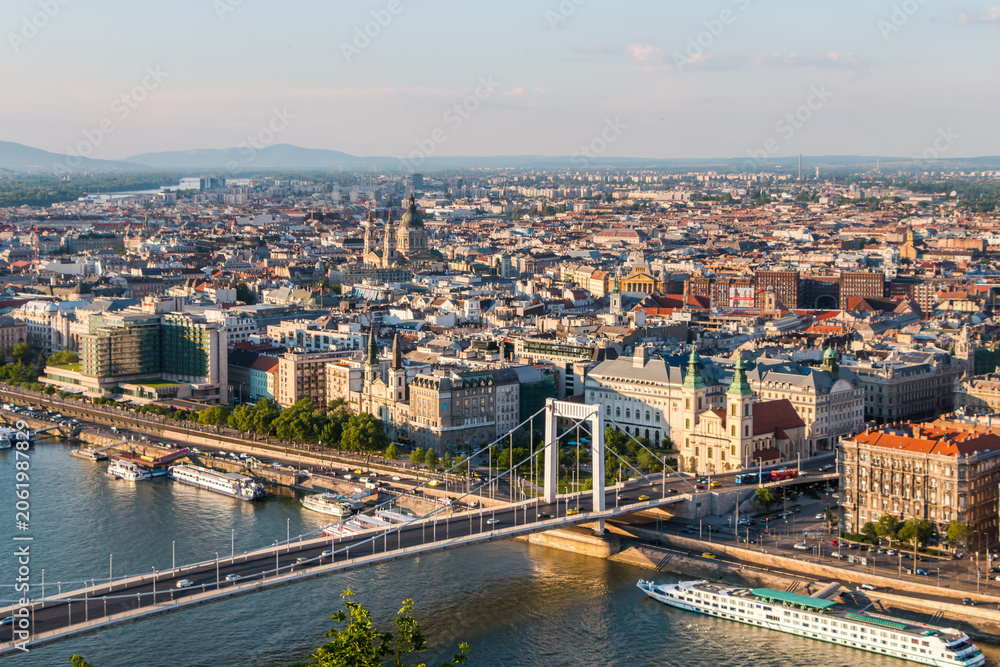 Fototapeta premium A panoramic view of Budapest from Gellért Hill, overlooking the Danube River and the Elizabeth Bridge. The Elizabeth Bridge is an elegant white suspension bridge 