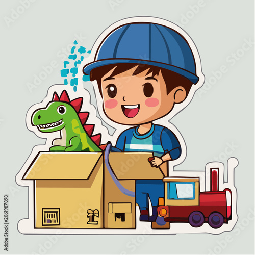 Boy with Dinosaur Toy and Train