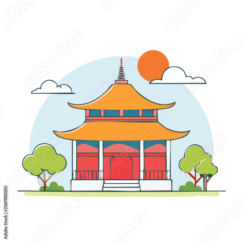 Flat design illustration of an Asian temple with trees and sunset